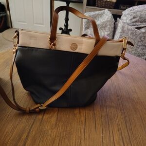 Anne Klein Black and Cream Two-Tone Tote with Tan Strap